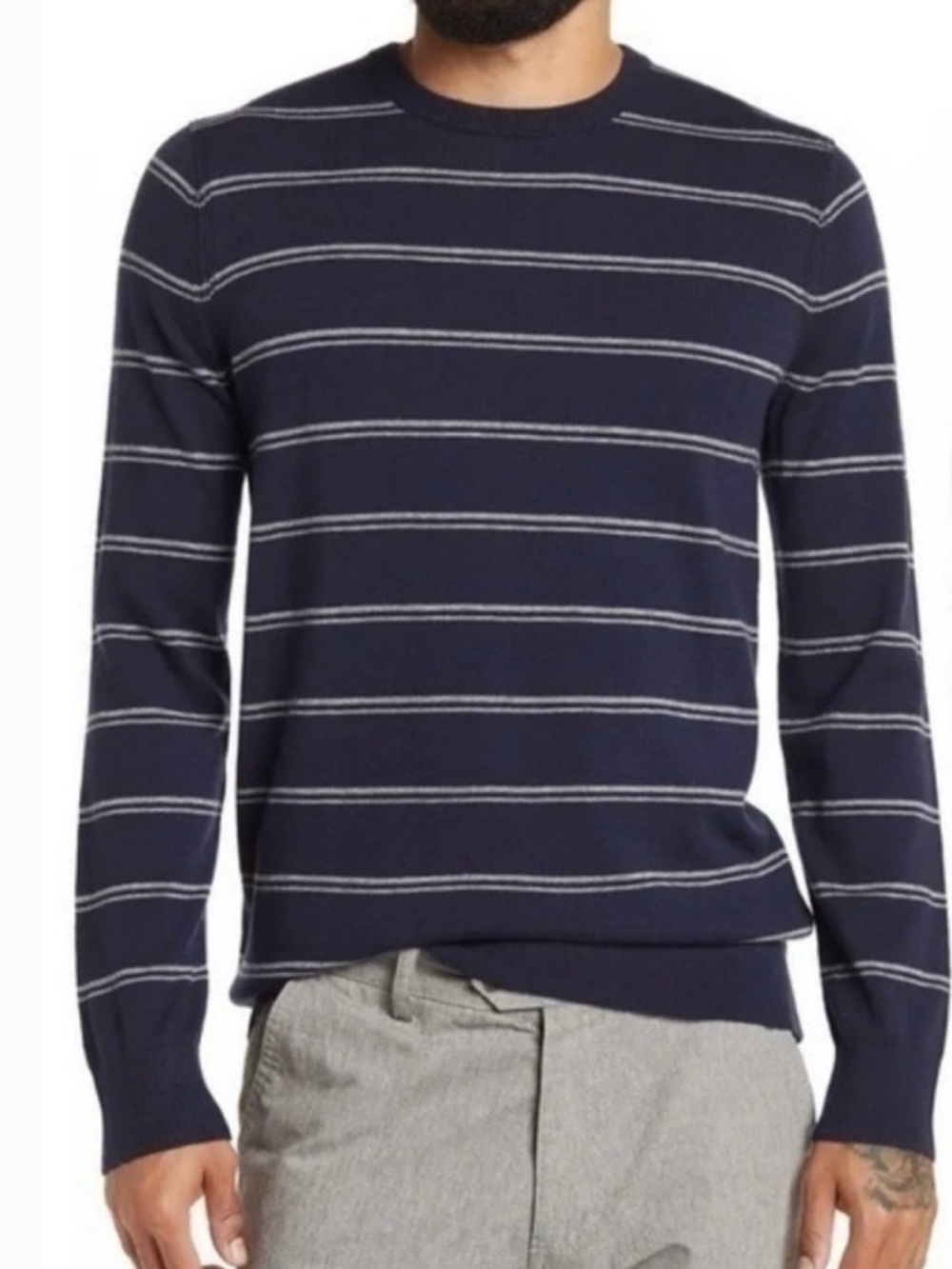 Theory Mens Medium Riland Harman Merino Wool Blend Sweater Blue Striped